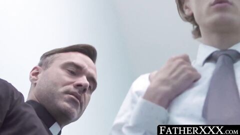 FatherXXX.com - Twink and daddy priest swap blowjobs before engaging in a raw, sacred