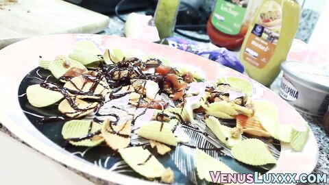 Beautiful Asian ladyboy jerking off to jizz on a food plate