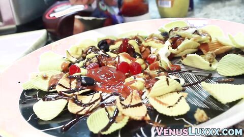 Beautiful Asian ladyboy jerking off to jizz on a food plate