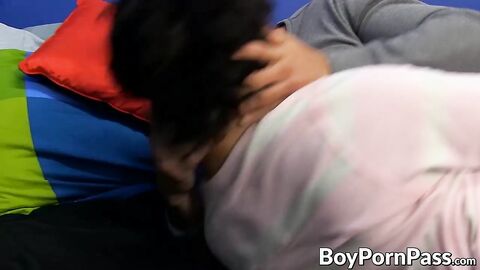 Hung twink blasts his load out while taking cock in ass