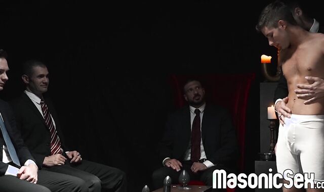 Marco Napoli barebacks newbie Cole Blue in front of the other masters