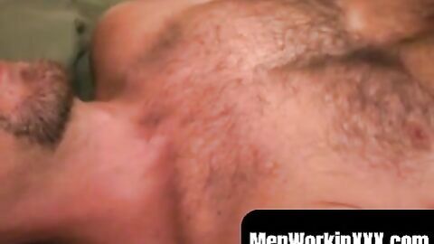 MenWorkinXXX.com - Handsome hairy dude plays with his dick and splooges solo intensel