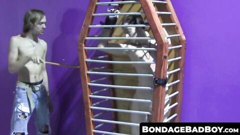 BondageBadBoy.com - Caged twink whipped and tormented hard ends up masturbating with