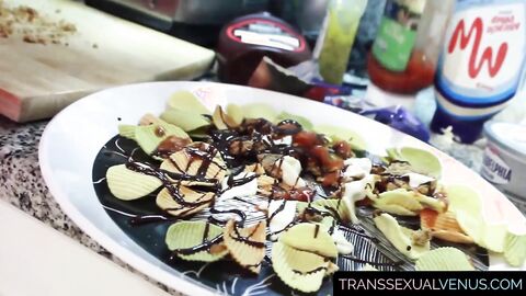 TranssexualVenus.com - Asian ladyboy jerks off onto a plate, mixing food with cum