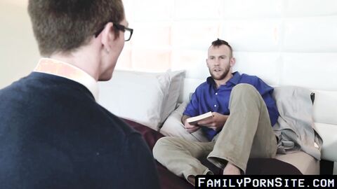 FamilyPornSite.com - Tattooed daddy fucks youthful twink bareback here for creampie