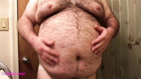 Fat Bear Strokes Clitty and Plays with Belly and Breasts