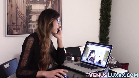 Adorable Asian shemale solo masturbates in her office