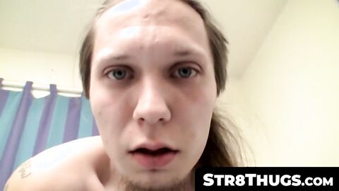 Str8Thugs.com - Straight twink with tattoos' fat dick tugging and cum blasting solo p
