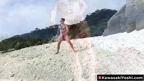 KawasakiYoshi.com - Naughty Yoshi Kawasaki tugs his cock and cums hard on the beach