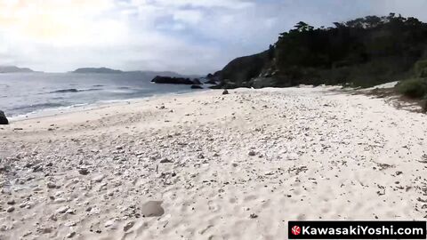 KawasakiYoshi.com - Naughty Yoshi Kawasaki tugs his cock and cums hard on the beach
