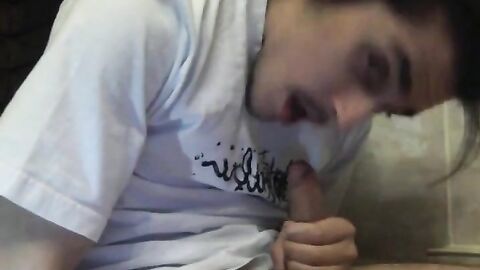 Self-sucking hunk masturbates and tastes his own cum