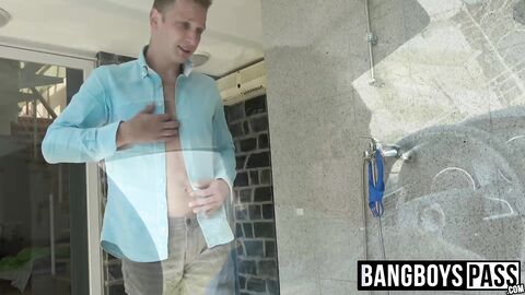 Tim gives me a handjob before he solo masturbates by the pool