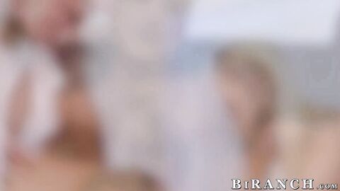 Busty Barbie Sins and Lady Dee feed their pussies to three bi dudes