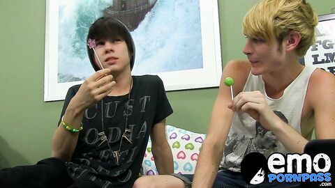 Young twink jerks off his hard boner while riding emos cock