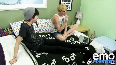 Young twink jerks off his hard boner while riding emos cock