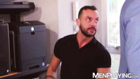 Suited hunks Ethan Chase and Sir Peter savagely breed hardcore