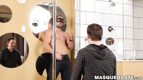 Bearded Alexandre dances on a pole before stroking his big dick