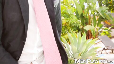 Outdoor raw breeding sesh with suited Damon Heart and Sir Peter