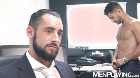 Colleagues Massimo Piano and Robbie Rojo bareback intensely at work