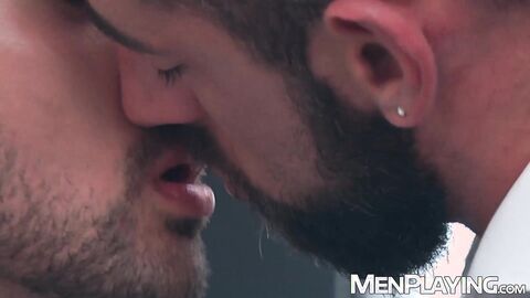 Colleagues Massimo Piano and Robbie Rojo bareback intensely at work