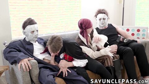 Johnny Hill and Pierce Paris surprise their stepsons with hot costumes