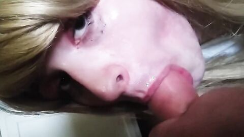 Blonde Crossdresser Swallows Huge Load from Older Man