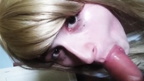 Blonde Crossdresser Swallows Huge Load from Older Man