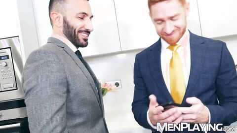 Suited Johnny Viper mutually barebacks with ginger stud Leander