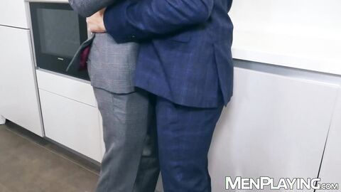 Suited Johnny Viper mutually barebacks with ginger stud Leander