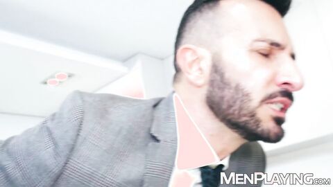 Suited Johnny Viper mutually barebacks with ginger stud Leander