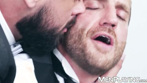 Suited hunk Emir Boscatto raw rides Sir Peters massive cock slab