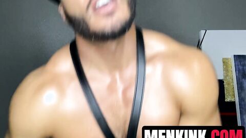 BLACK Dillon Diaz uses leather gloves to stretch his ass and milk his dong