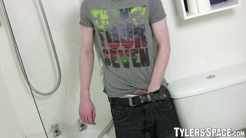Horny twink Damian wanking his big dick solo in bathroom
