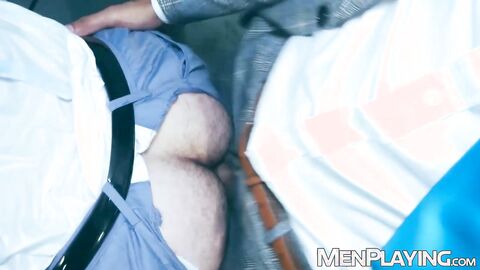 Suited Dan Tyser bends over for Oskar Ivans deep drilling