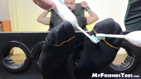 Rikk York is locked up and giggling like crazy in a tickling torment by three straigh