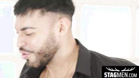 Attractive stud Bastian Karim overcomes two throbbing cocks plowing him