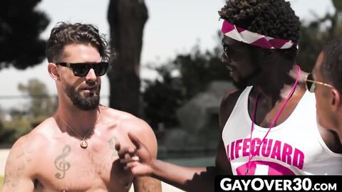 GayOver30.com - Ebony lifeguard's raw outdoor threesome with horny gay hunks