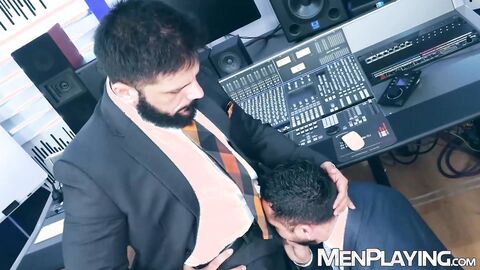 Suited Cristian Sam ass drills Little Brako deep in studio
