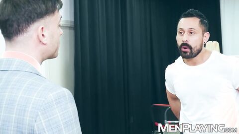 Suited stud Cristian Sam drills Manuel Reyes ass deep in office