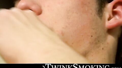 Adorable Kenny playing puffing hard on his smoke while playing with his hard cock