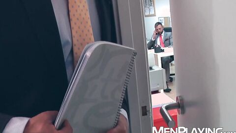 Hung Bulrog buries his massive cock deep into suited hunk Logan Moore