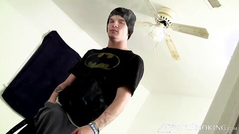 Tattooed Lex jerked his long fat cock in a hot chainsmoking session