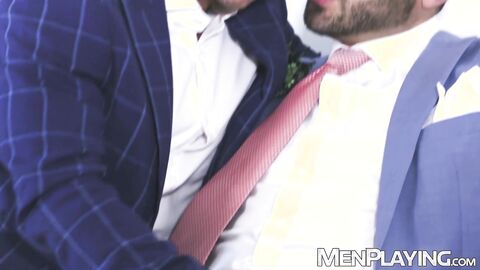 Suited hunk Allen King has his tight ass barebacked by Drew Valentino