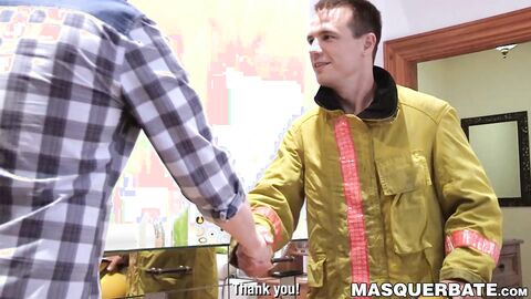 Tempting fireman Ricky strokes his long hose until it blasts jizz