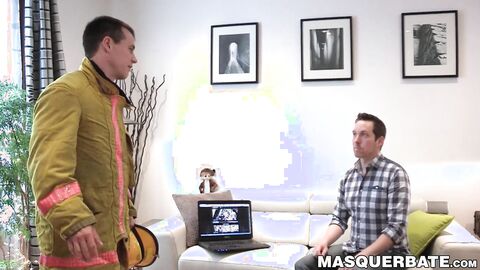 Tempting fireman Ricky strokes his long hose until it blasts jizz