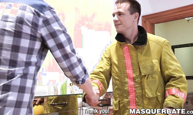 Tempting fireman Ricky strokes his long hose until it blasts jizz