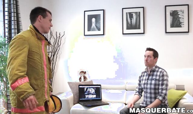 Tempting fireman Ricky strokes his long hose until it blasts jizz