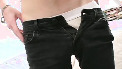 Sexy Austin had cum all over his chest after working his pole roughly