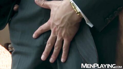 Straight suited Will Iden tugs his massive cock until he explodes