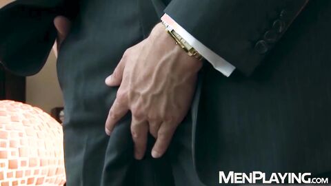 Straight suited Will Iden tugs his massive cock until he explodes